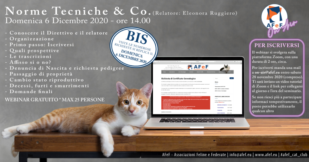 AFEF ON AIR SEMINARIO WEBINAR ASSOCIAZIONE GATTI DI RAZZA PEDIGREE RICONOSCIUTO